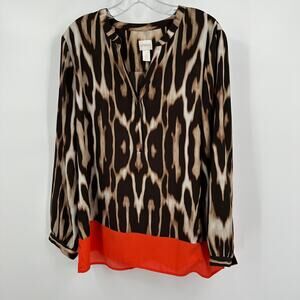 Chicos Women Top Size 2 US L Sheer Animal Print Boho Safari Tunic Blouse Layered